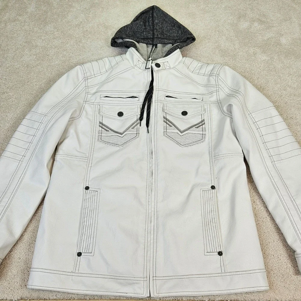 Buckle Black Mens White Faux Leather Full Zip Y2K Hoodie Jacket Combo Sz‎ L Edgy